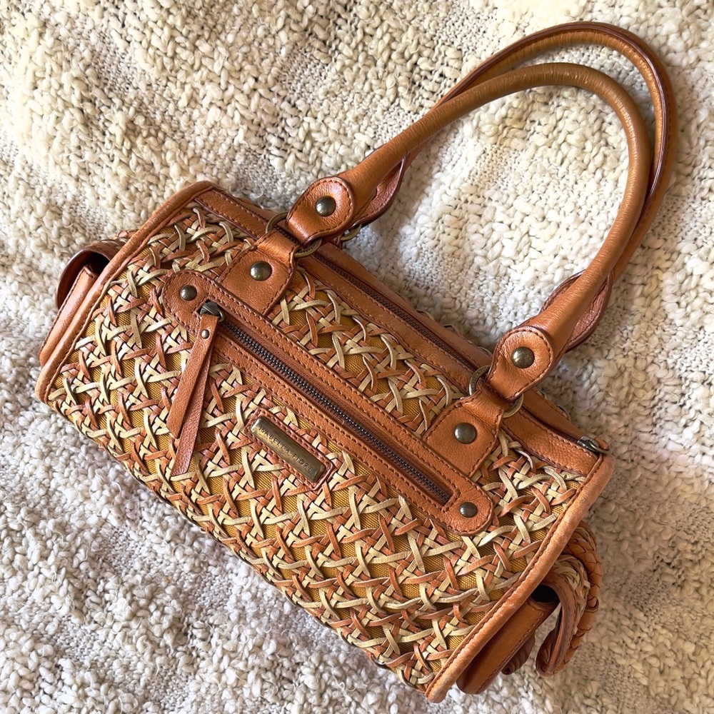 Isabella Fiore Double Handle Satchel Tan with Woven Leather Embellishment